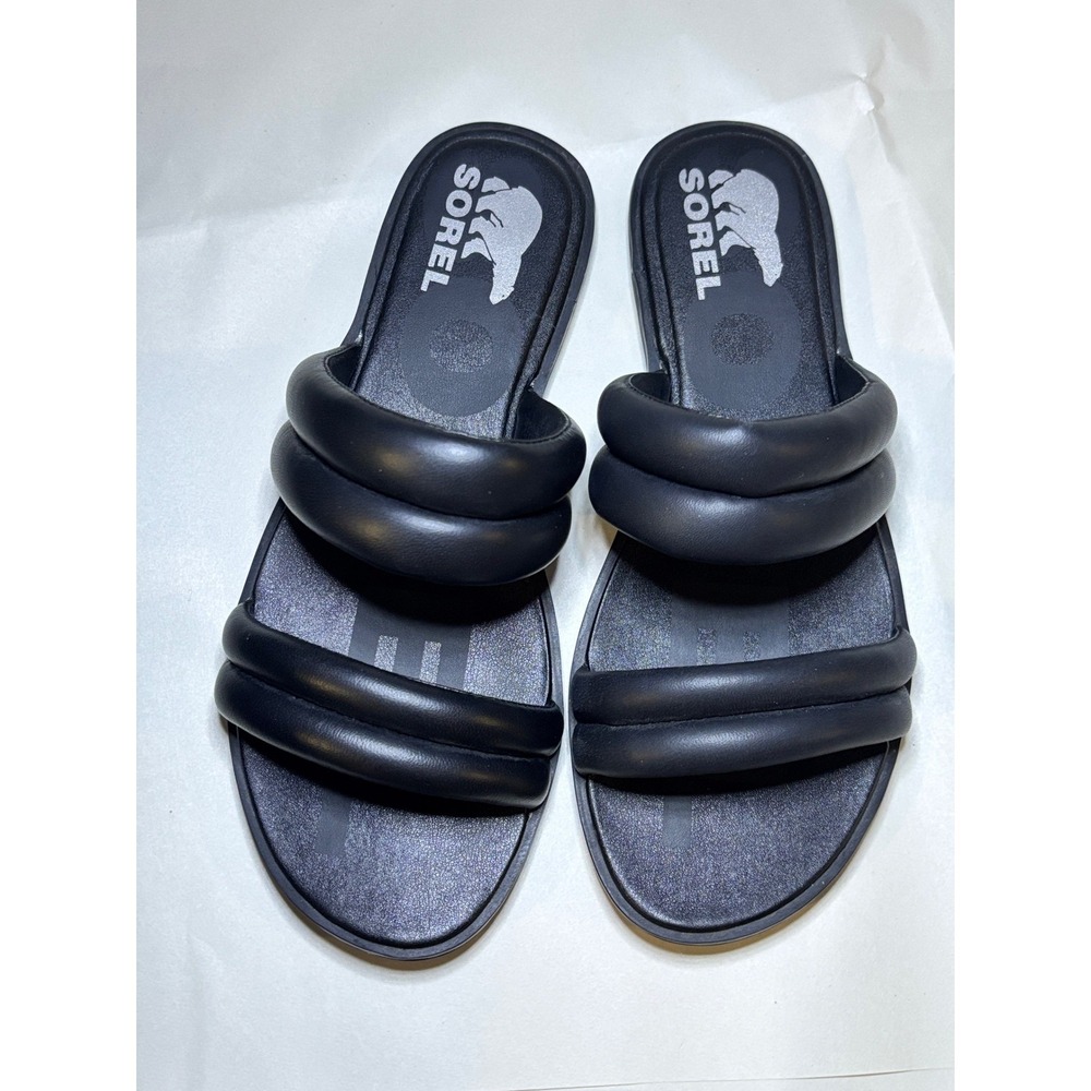 Sorel Women Ella II Puff Slide Sandal Black Leather Padded Straps Size 8